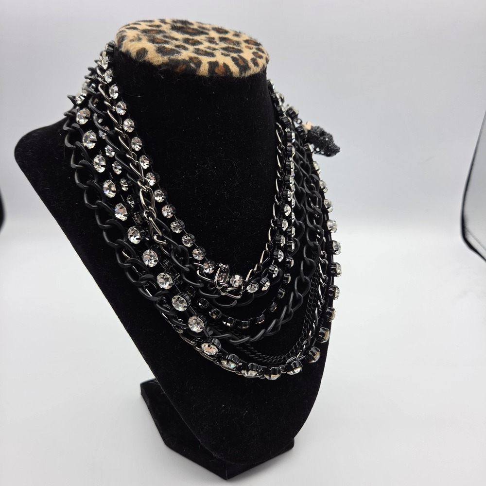 Betsey Johnson Black Multi Strand Skull Rhinestone Lace Gothcore Necklace - Picture 3 of 7